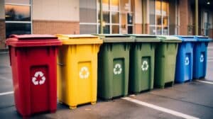 Row of different coloured commercial waste bins