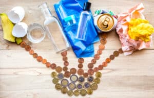 A photo of some different items being recycled or thrown away, all leading to a pile of money.
