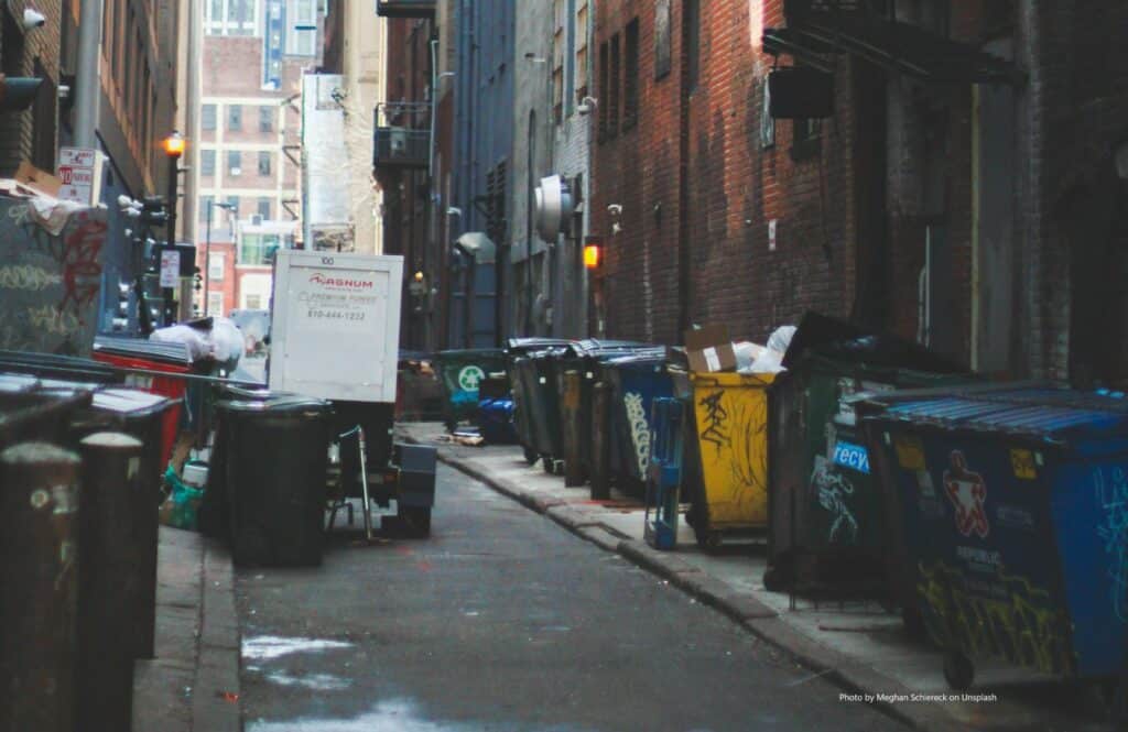Rubbish piled up in city street
